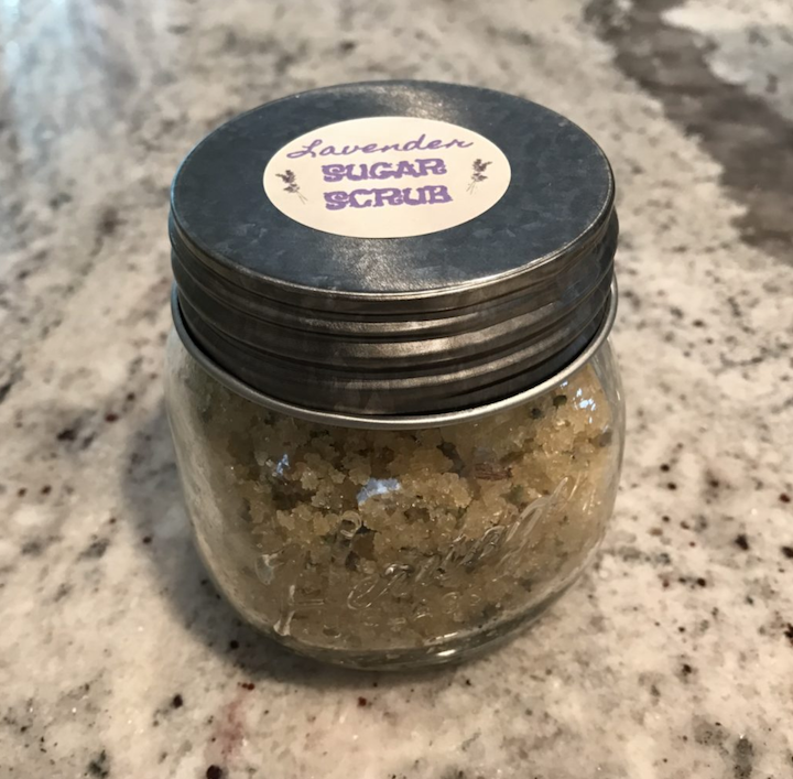Lavender Sugar Scrub in jar with logo