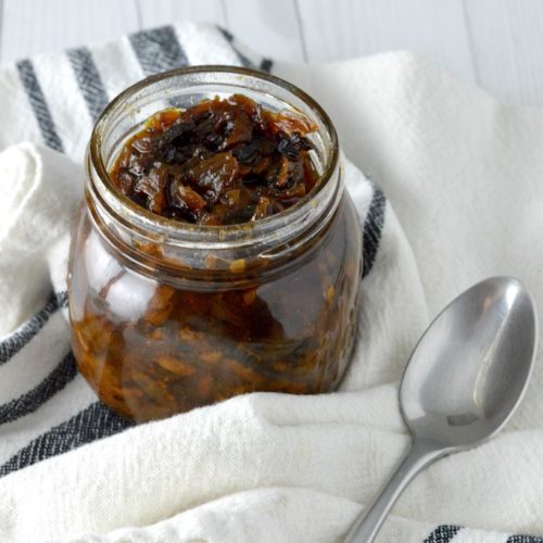 close-up of bacon jam in jar