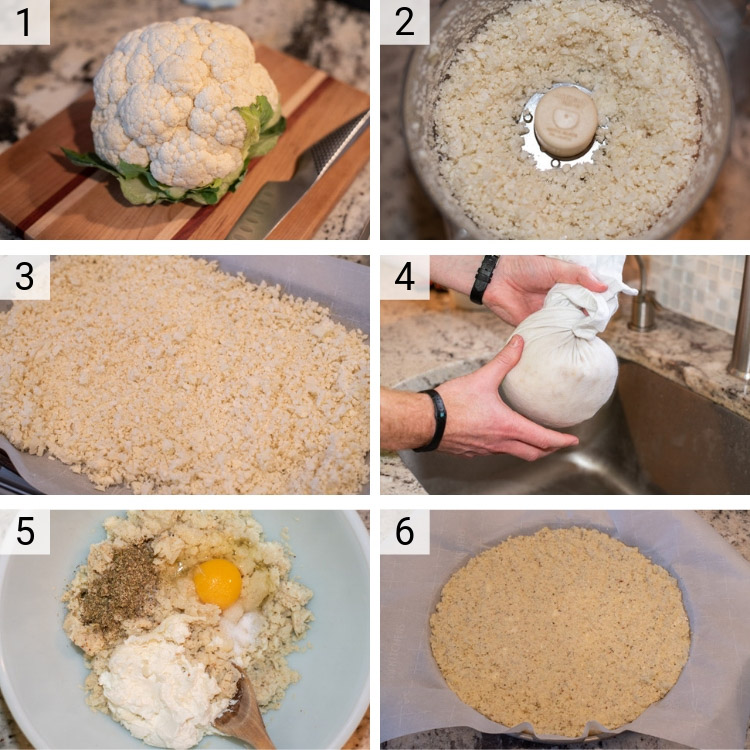 process shots of making cauliflower crust