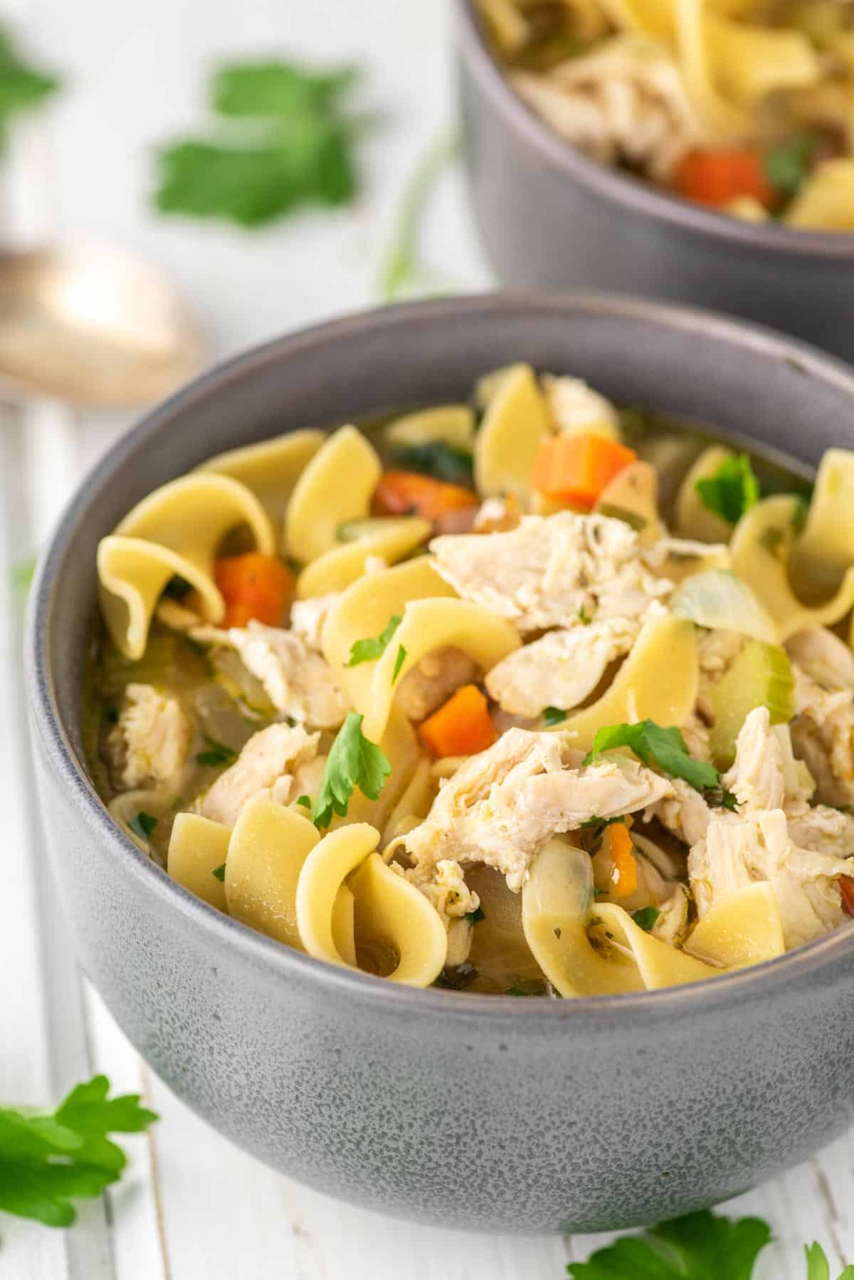 homemade chicken noodle soup in grey bowl