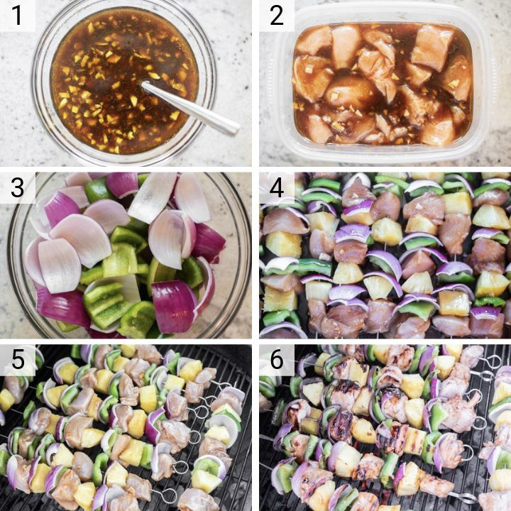 process shots of how to make Hawaiian chicken kebabs