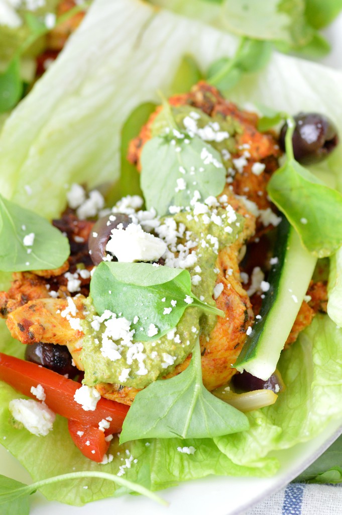 close-up of Greek chicken lettuce wraps