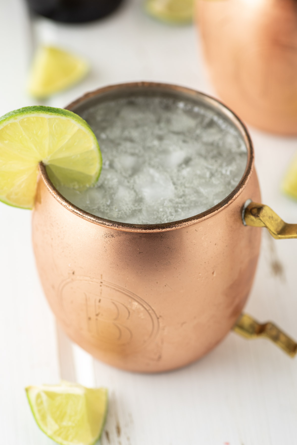 moscow mule in copper mug with lime