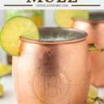 two moscow mules in copper mugs with ginger beer in background