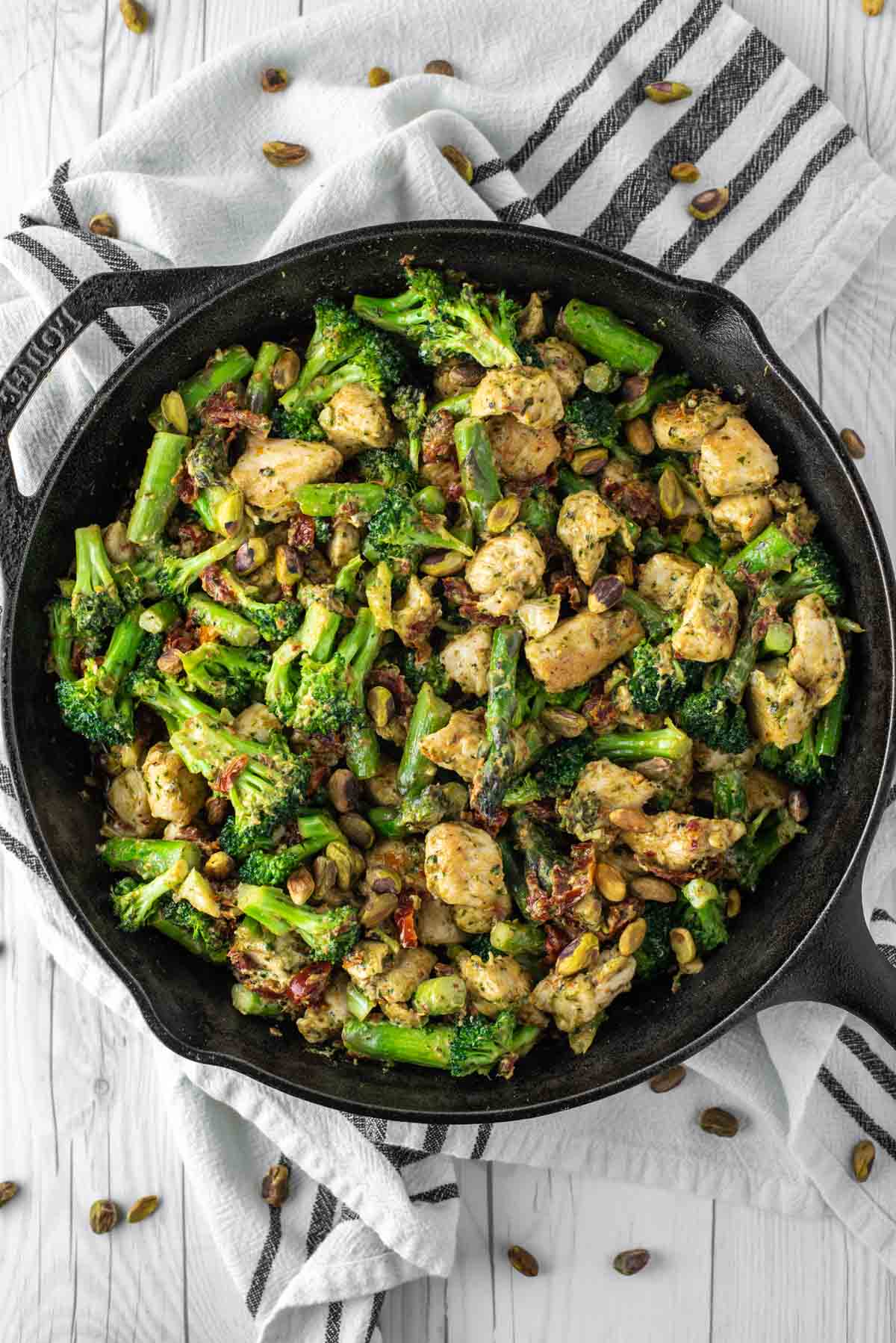 overhead shot of chicken and veggies in cast iron skillet