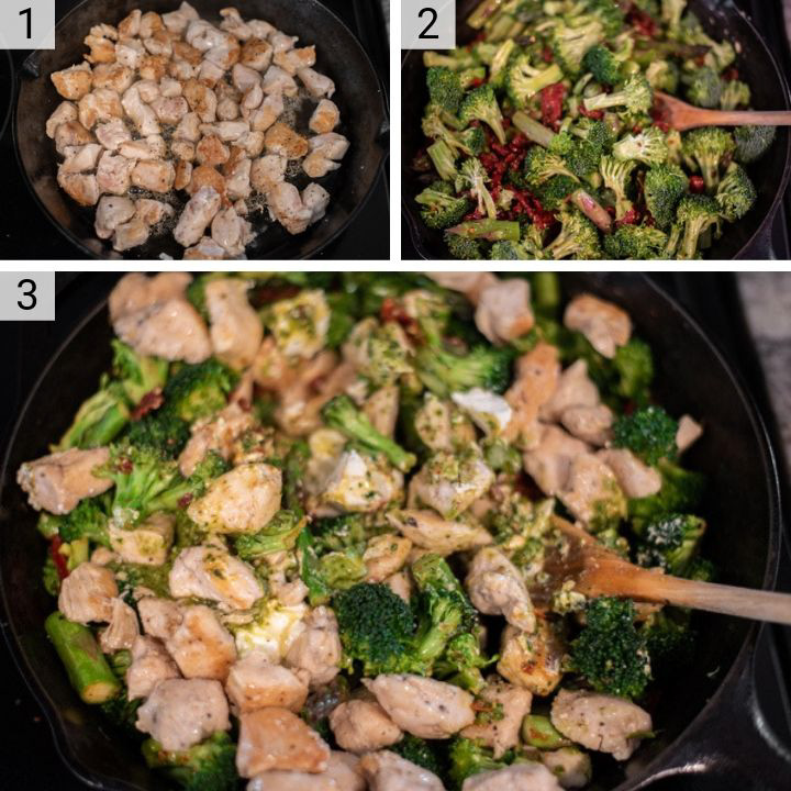process shots of how to make one pan pesto chicken and veggies