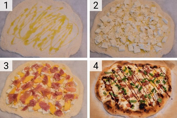process shots of how to make peach prosciutto pizza