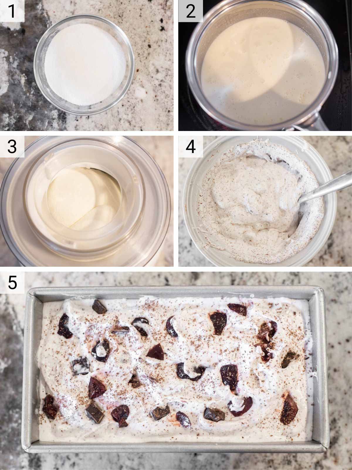 process shots of how to make cherry chocolate chunk ice cream