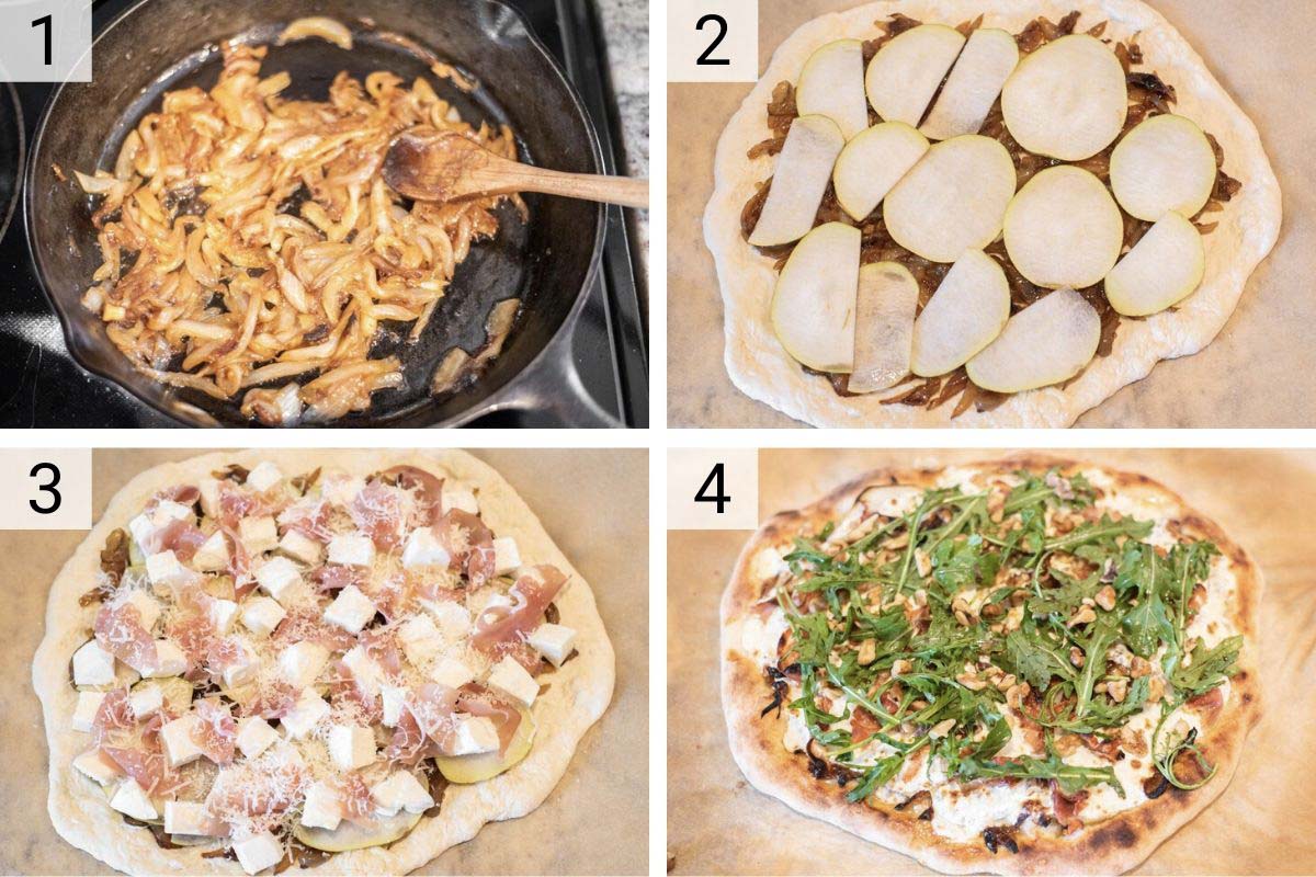 process shots of pear pizza being made