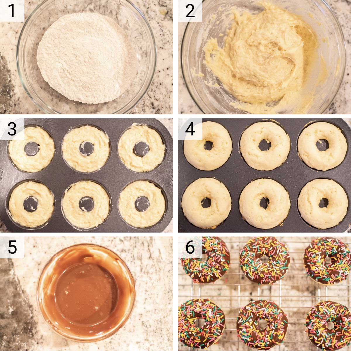 process shots of how to make baked chocolate frosted donuts