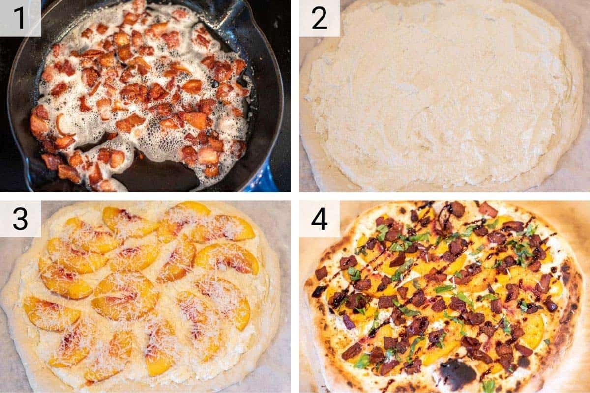 process shots of how to make peach ricotta pizza