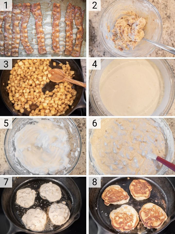 process shots of how to make apple ricotta pancakes