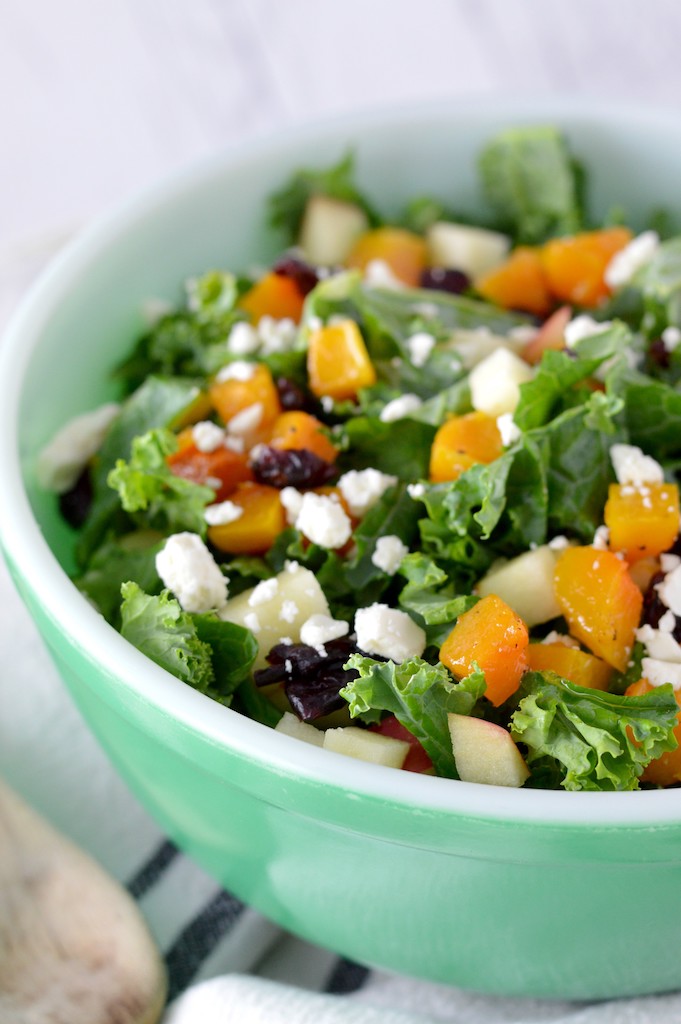 close-up of fall harvest salad in green bowl