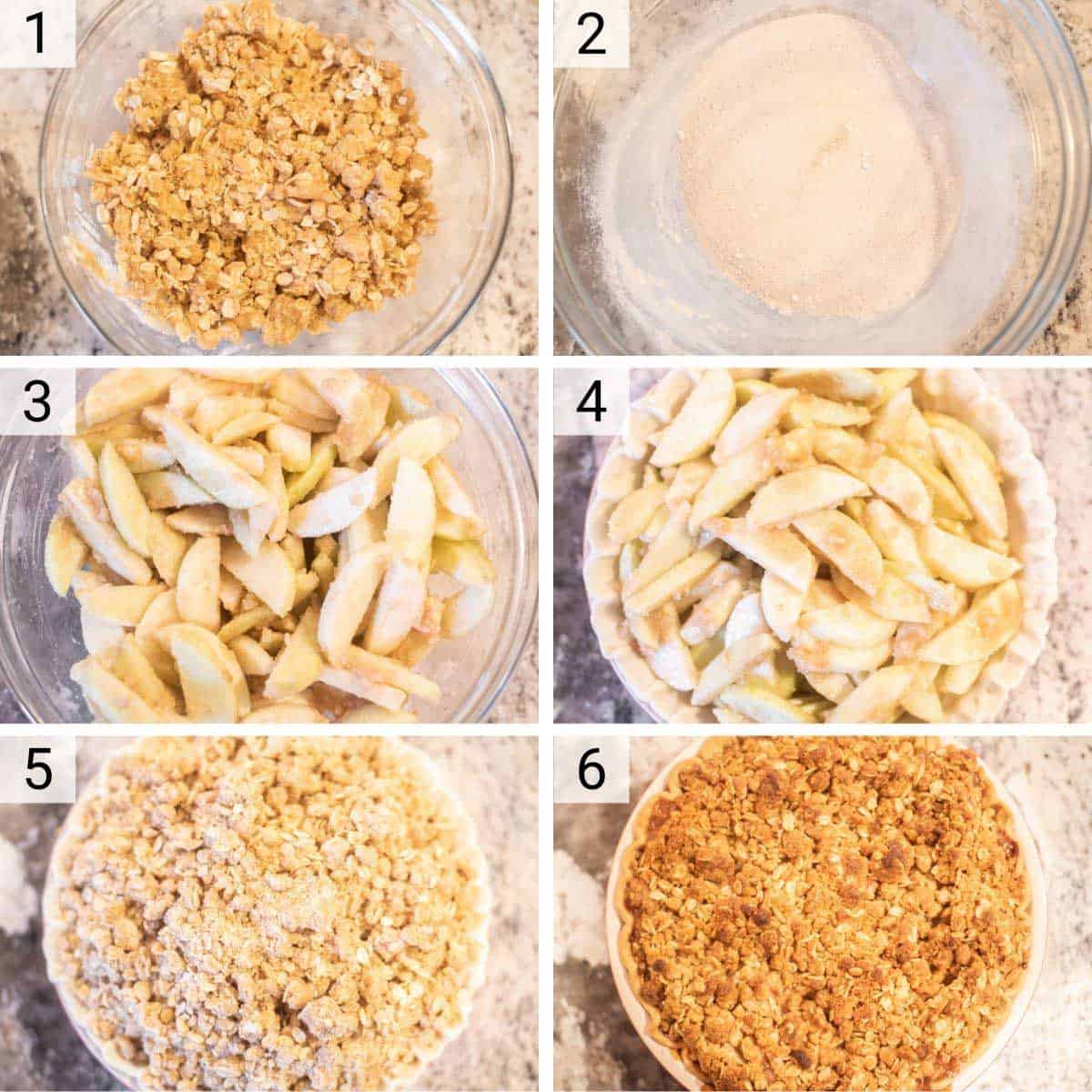 process shots of how to make apple crumb pie