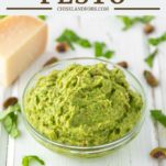 avocado pesto in glass bowl with parmesan cheese in background