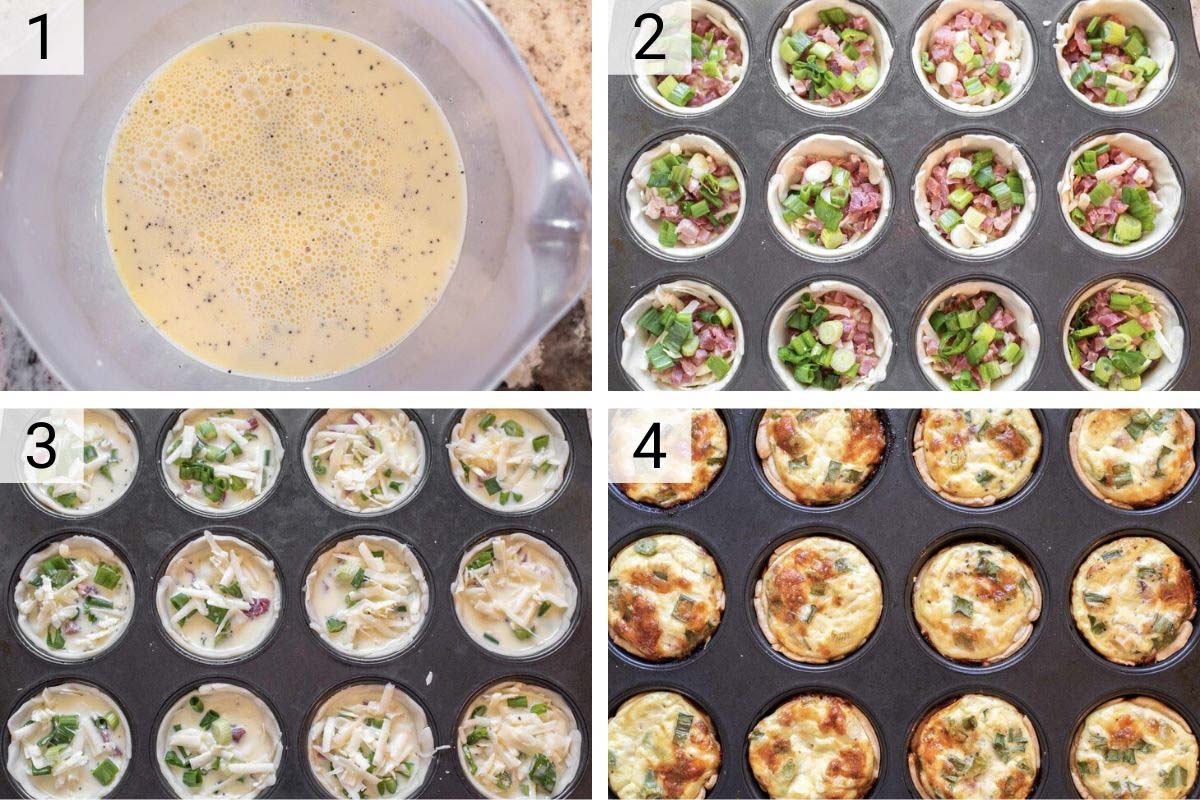 process shots of how to make mini ham and cheese quiche