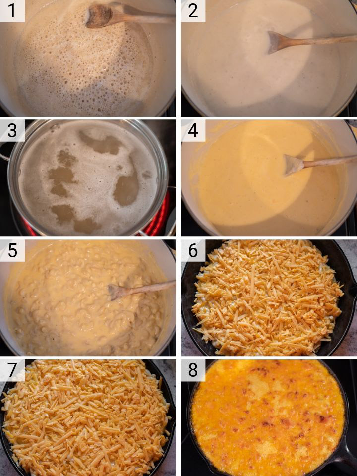 process shots of how to make baked cheddar mac and cheese