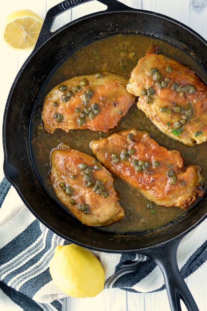overlay of easy chicken piccata recipe in skillet