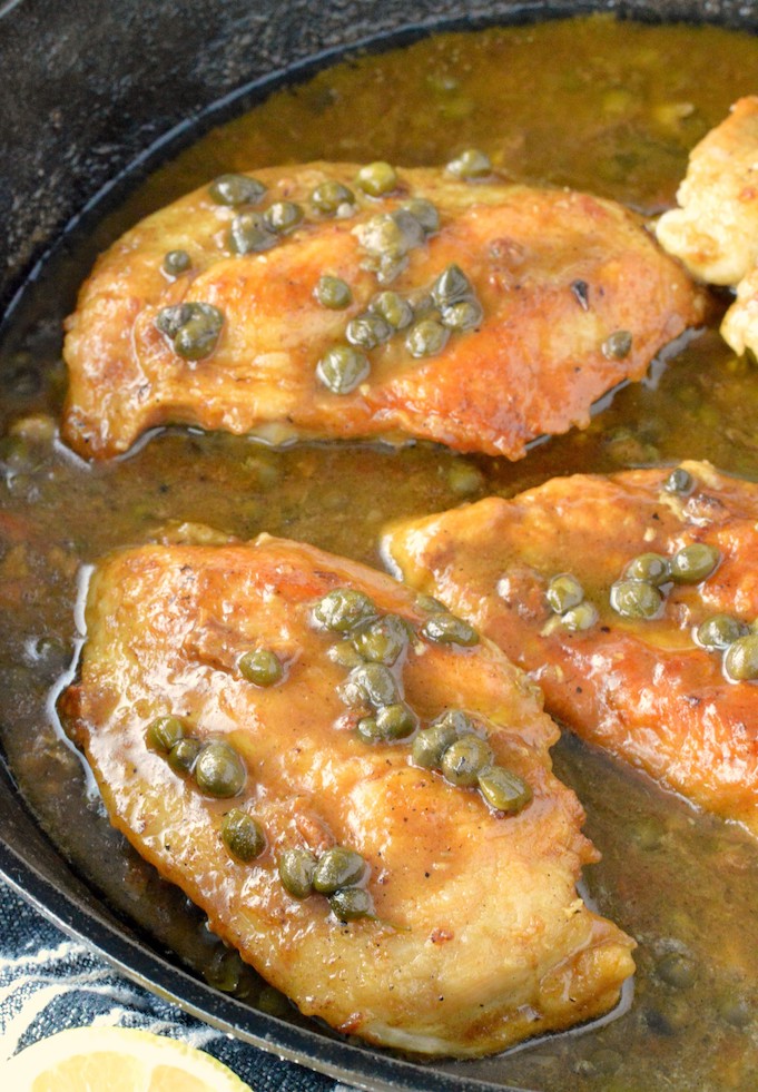 close-up of easy chicken piccata recipe in skillet