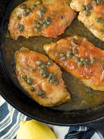 overlay of easy chicken piccata recipe in skillet