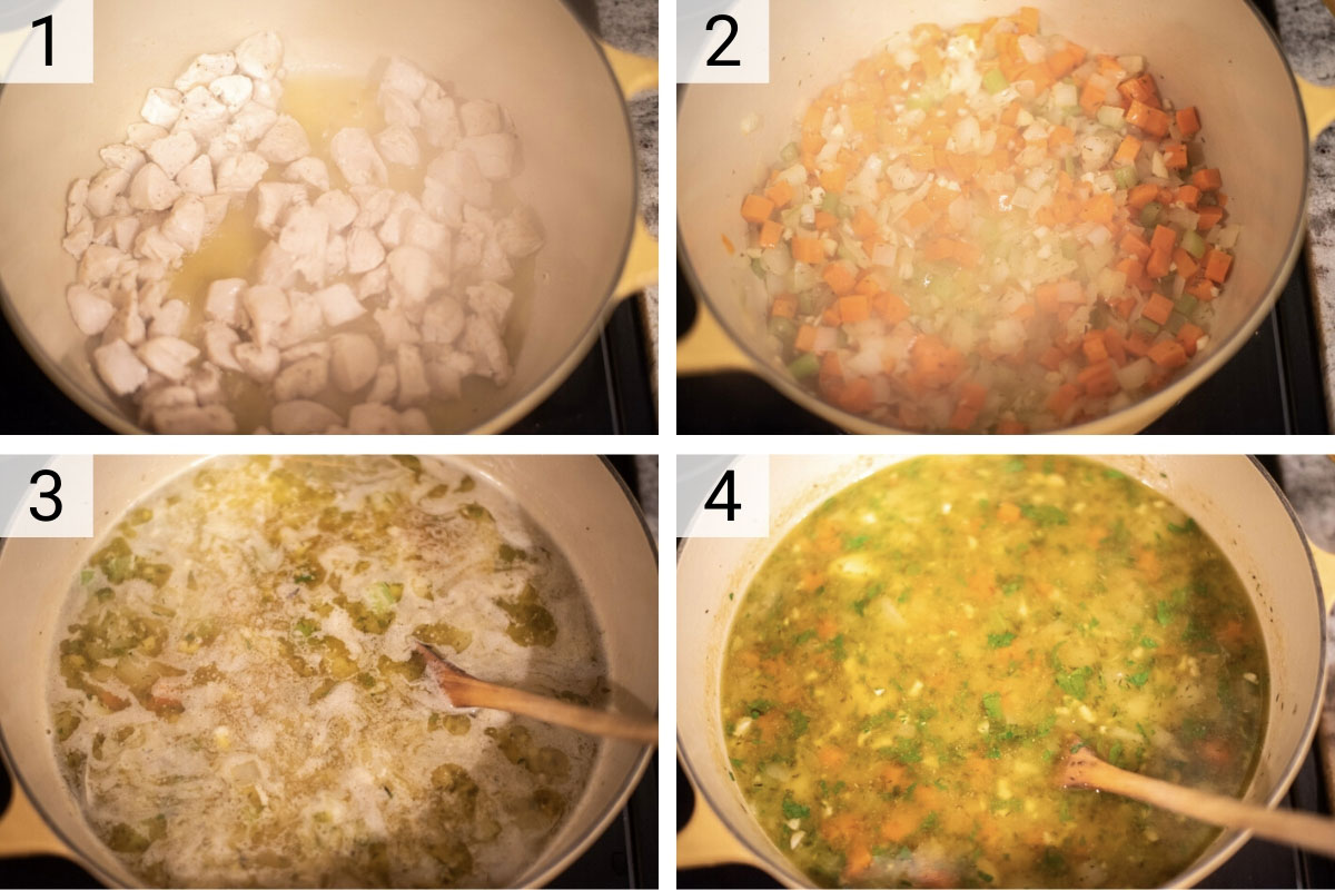 process shots of how to make lemon chicken orzo soup