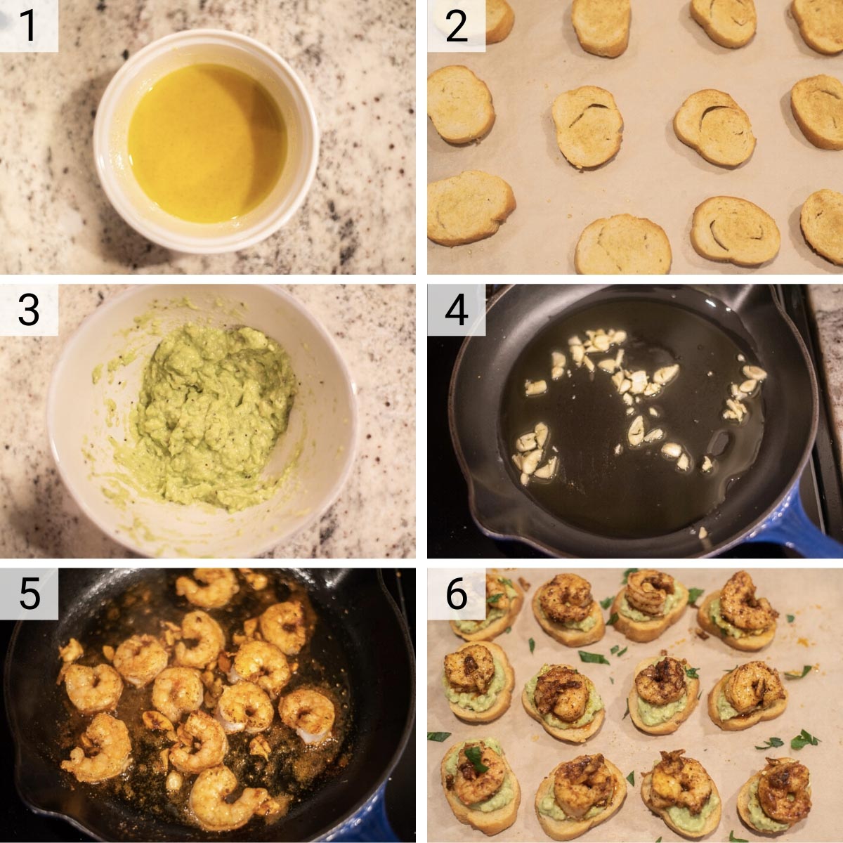 process shots of how to make shrimp crostini