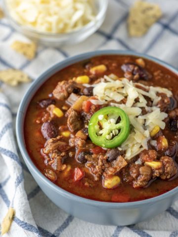 beef chili in blue bowl