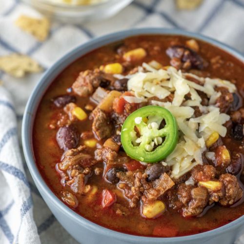 beef chili in blue bowl