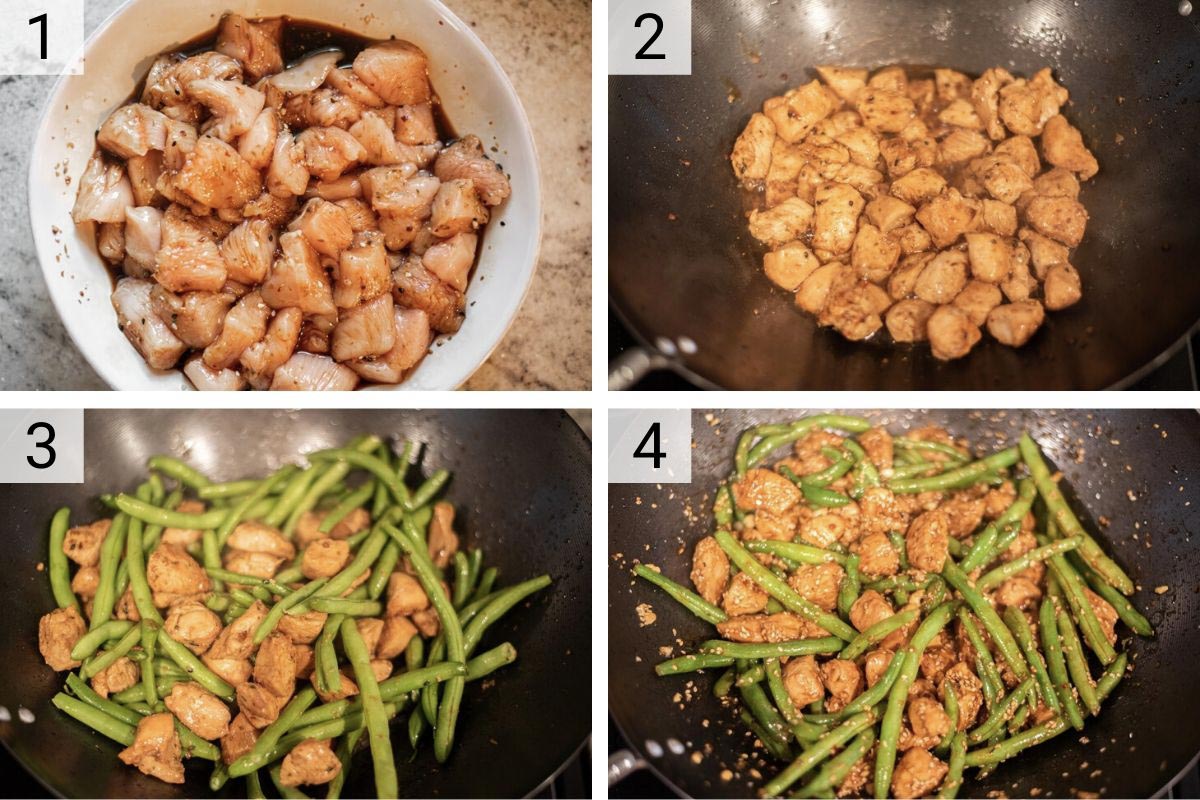process shots of how to make chicken and green bean stir fry