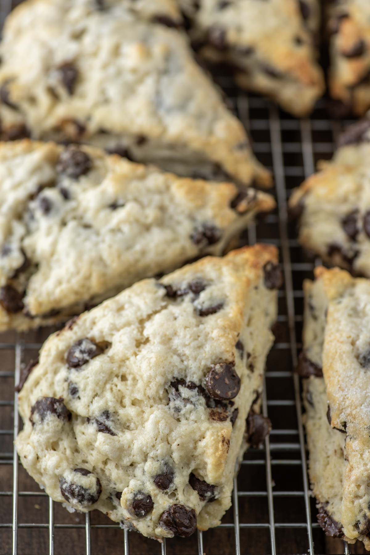 chocolate chip scones on wire rack