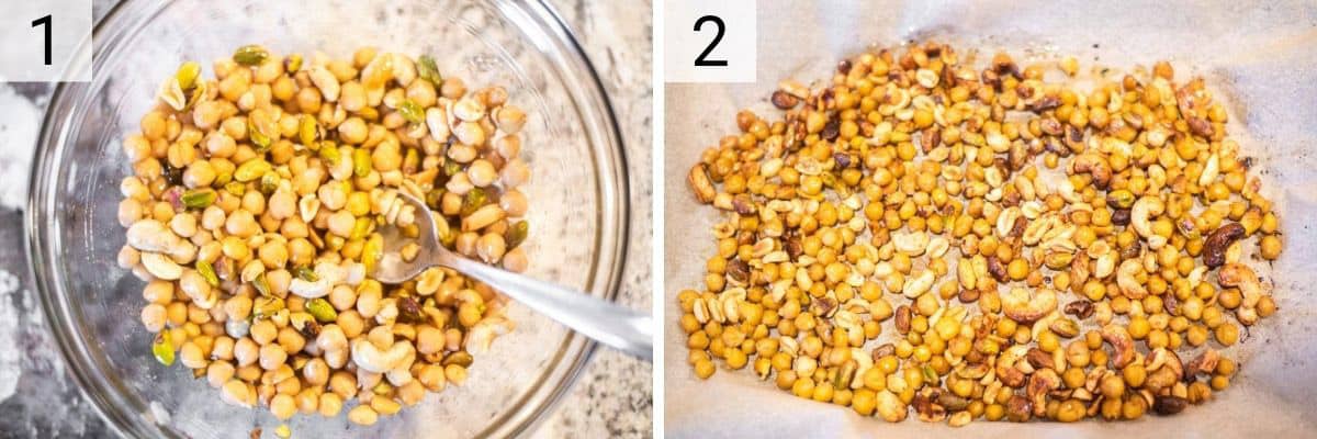 process shots of tossing chickpeas and cashews with spices and roasting on pan
