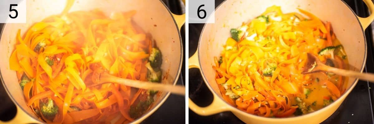 process shots of adding ginger, curry garlic before stirring in coconut milk and sauces
