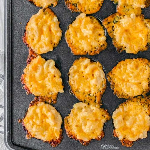overhead shot of baked mac and cheese bites in mini muffin tin