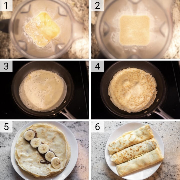 process shots of how to make banana Nutella crepes