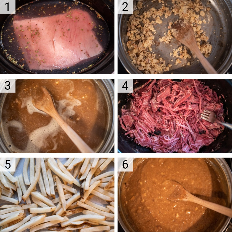 process shots of corned beef poutine