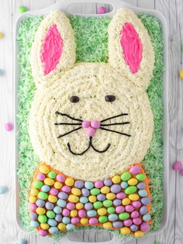 overhead shot of Easter bunny carrot cake on platter