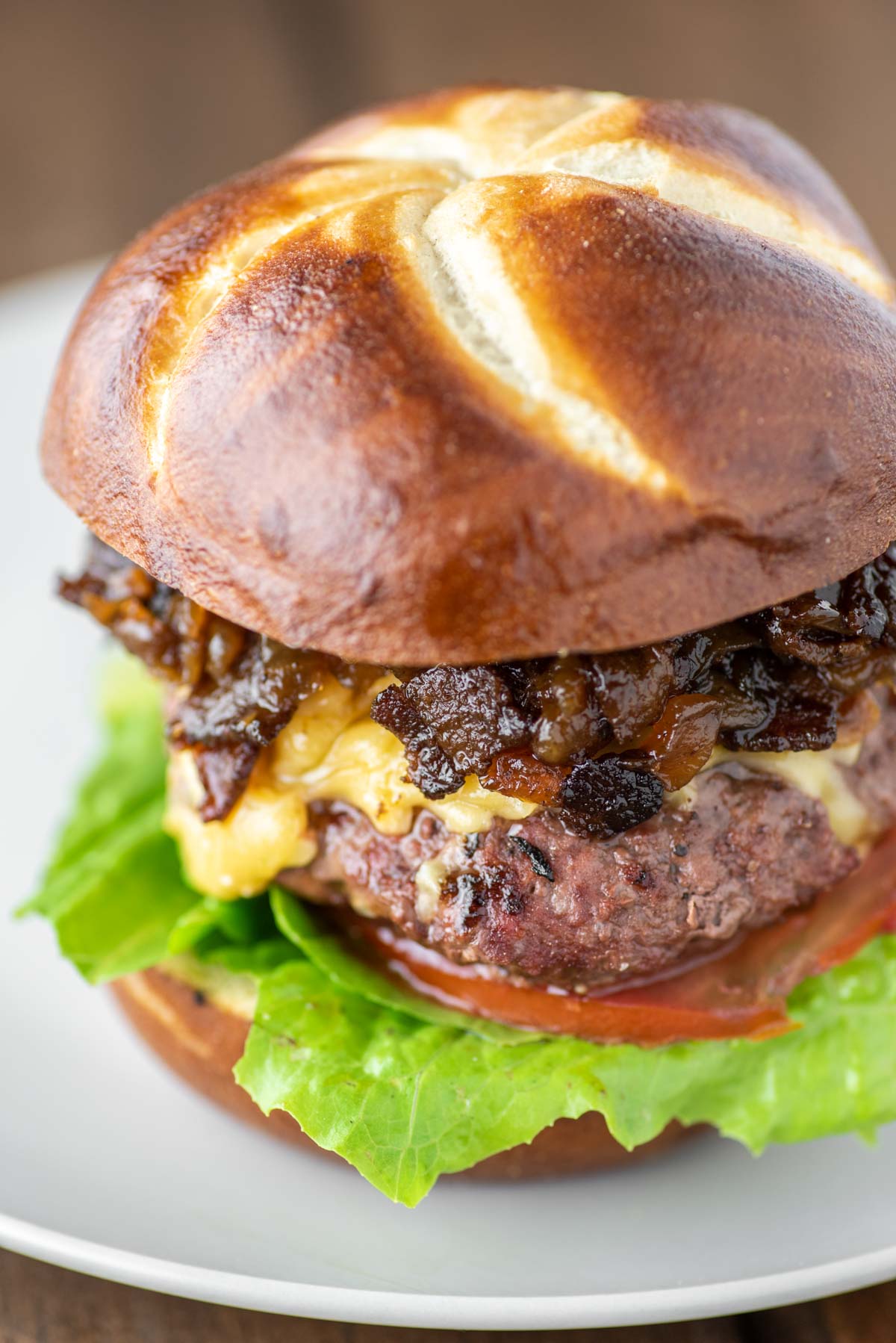 close-up of bison bacon jam burger