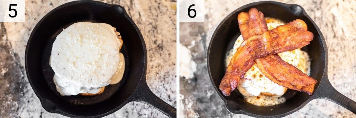 process shots of assembling hot brown in skillet before baking