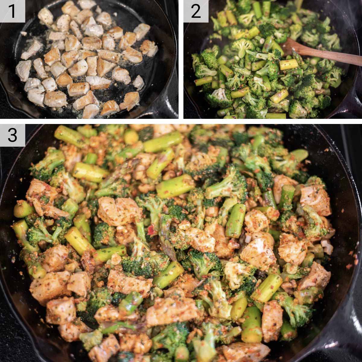 process shots of how to make roasted red pepper pesto chicken and veggies