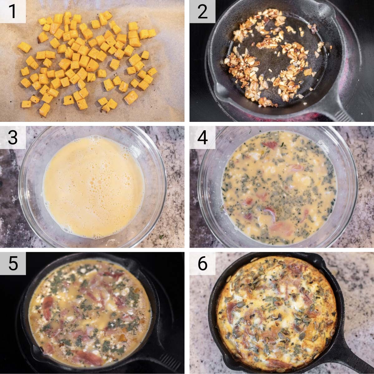 process shots of how to make a butternut squash frittata