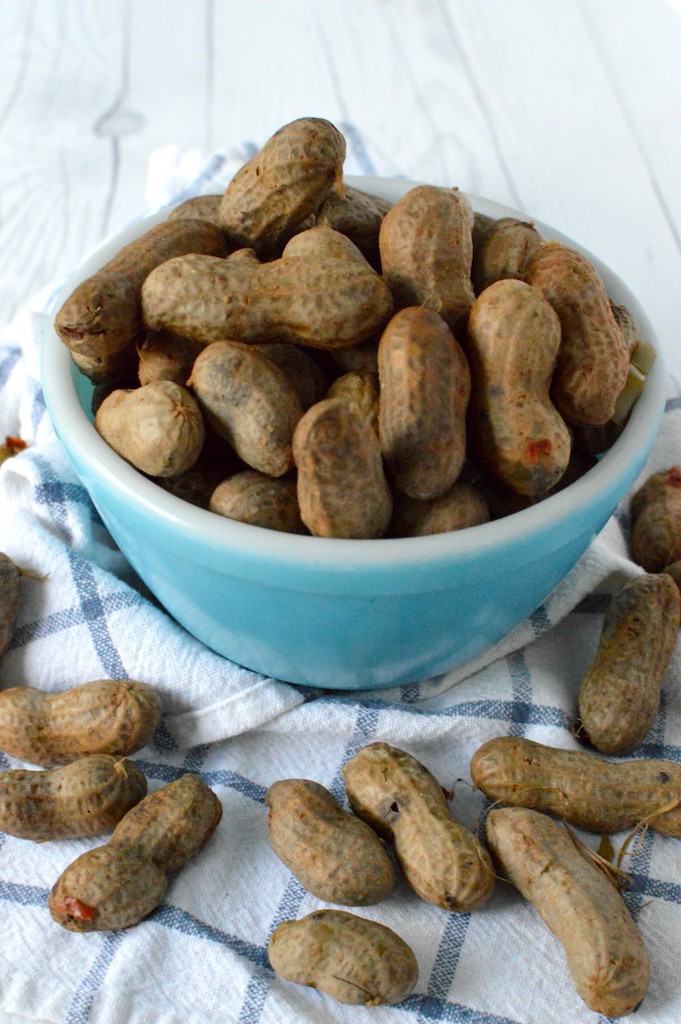 Cajun boiled peanuts in blue bowl