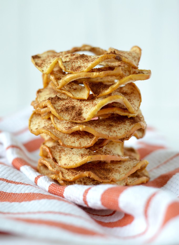 close-up of stacked homemade apple chips