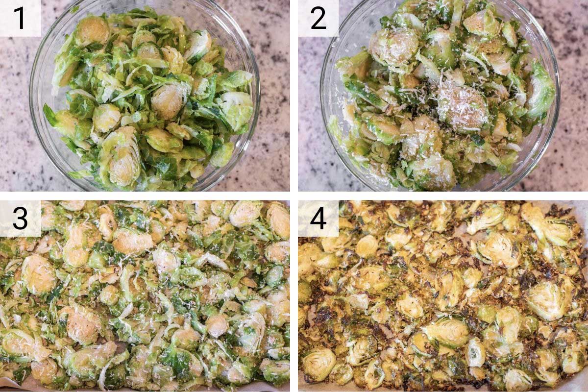 process shots of how to make parmesan roasted brussel sprouts