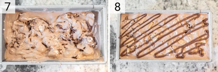 process shots of adding ice cream to loaf pan and drizzling chocolate on top
