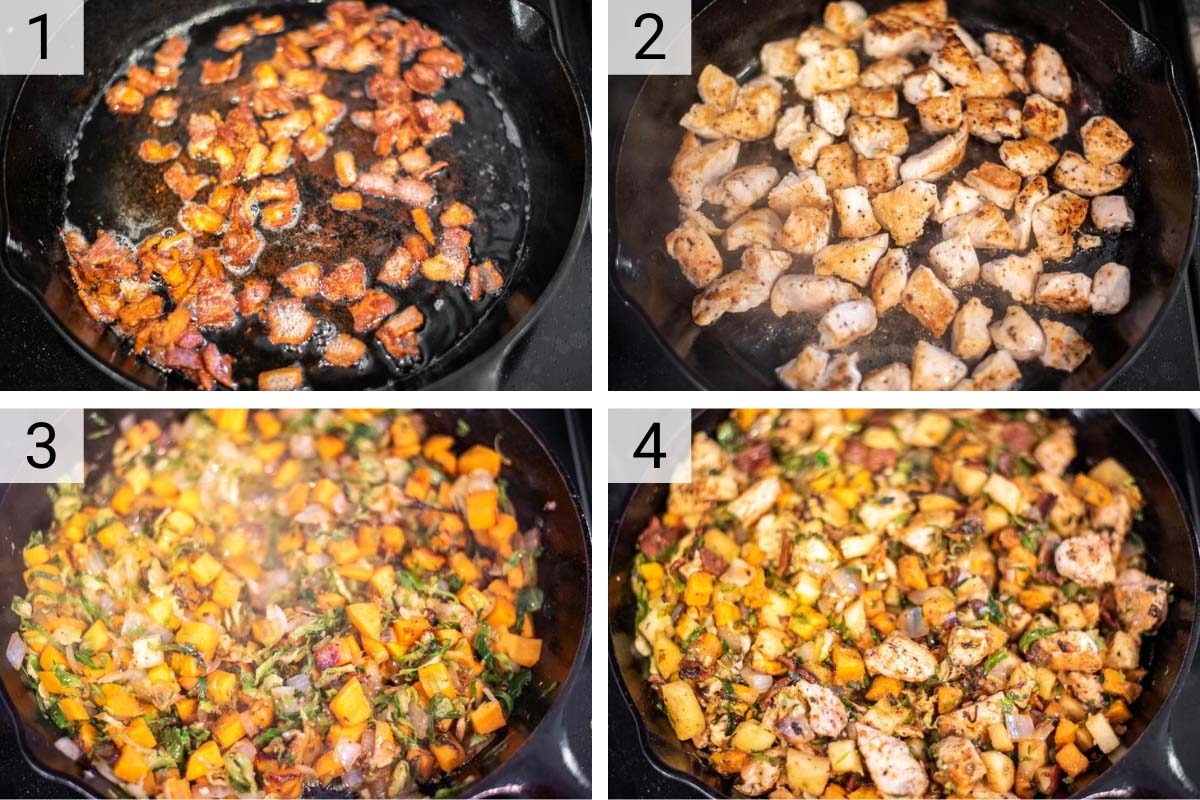 process shots of how to make sweet potato brussels sprouts hash