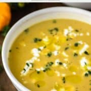 soup with butternut squash and sweet potatoes in speckled bowl