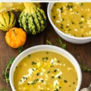 two bowls of butternut squash soup with sweet potatoes