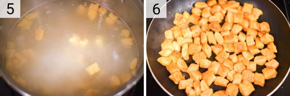 process shots of boiling gnocchi and pan-frying in skillet