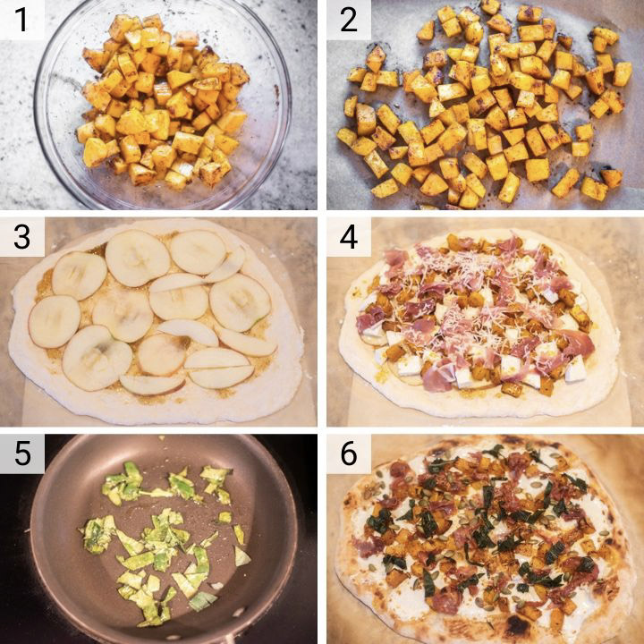 process shots of how to make butternut squash pizza