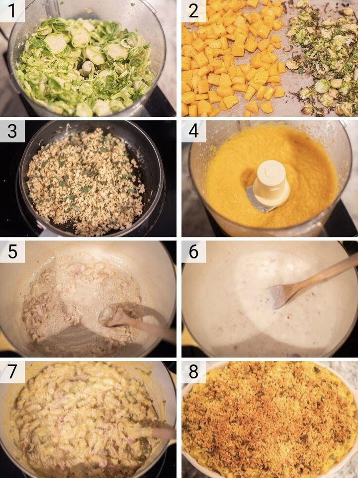 process shots of how to make butternut squash mac and cheese